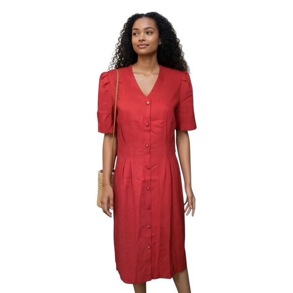 Vintage 80s Leslie Fay  Red  Button Down Dress 12P Union Made in USA - Picture 1 of 9